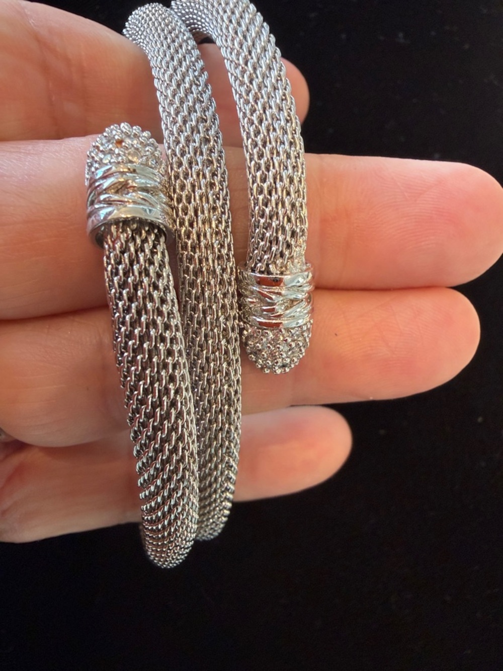 Silver tone rhodium plated mesh  Snake Bracelet CZ Pavé Accents -Silver tone